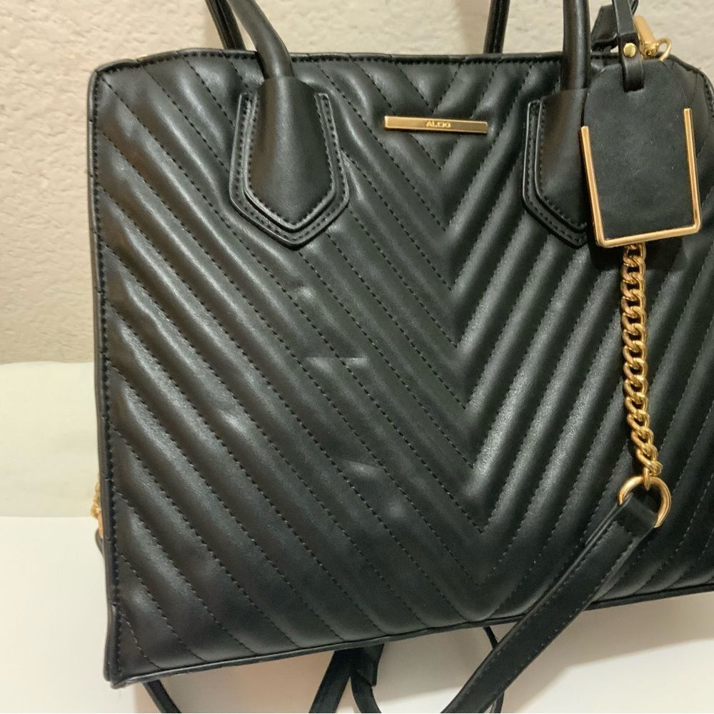 Aldo Womens Satchel Handbag Black Pockets Dual Handle Chain Zipper Faux Leather - Picture 10 of 16